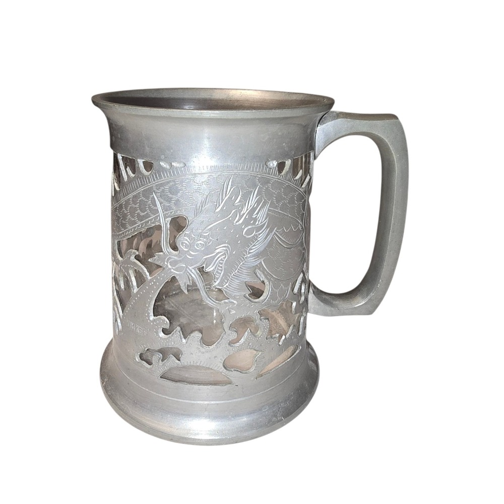 Detailed Pierced Pewter and Glass Dragon Stein Mug By Yim‎ Kee 5" Tall